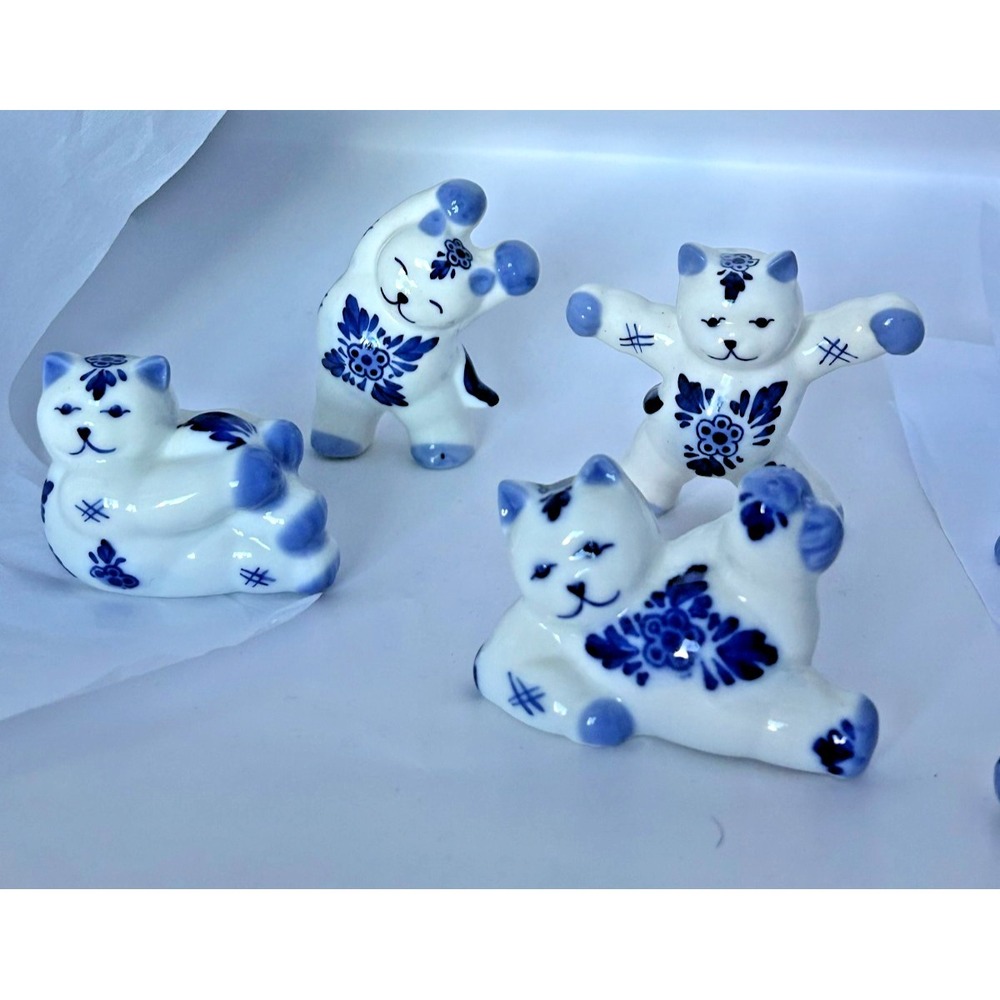 Gzhel Vintage‎ Russian Folk Art Porcelain Cats Blue White Figurine Exercise Yoga - Picture 10 of 16